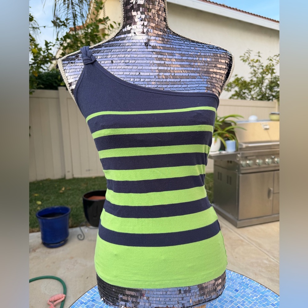 Wet Seal Navy and Lime Striped One-Shoulder Tank Top
